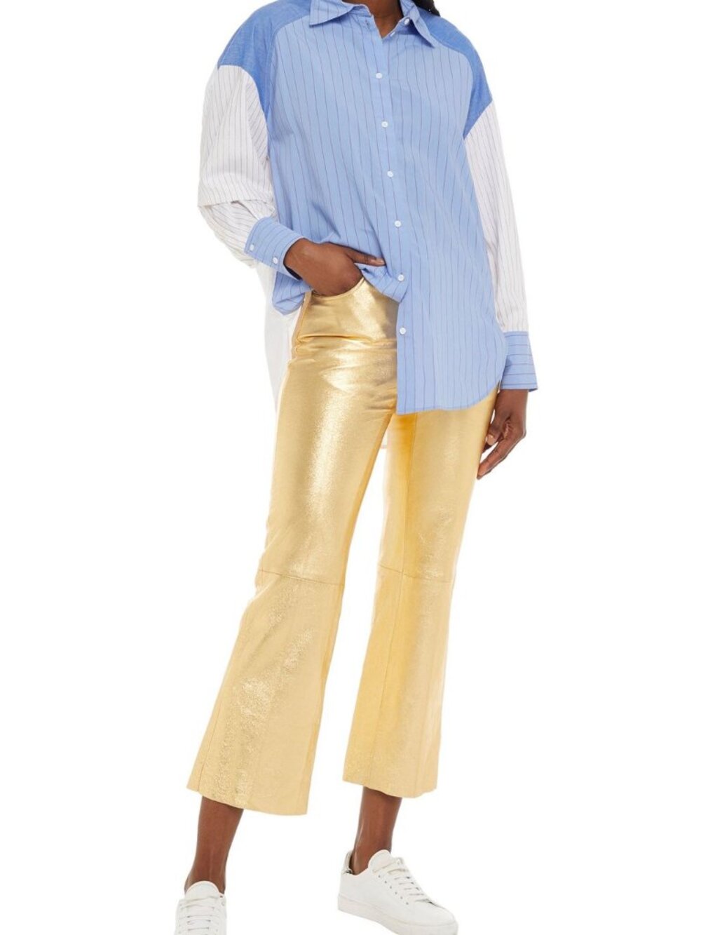 NWT SANDRO Metallic gold leather kick-flare pants US 4/S FR 36 $820 - Picture 4 of 13